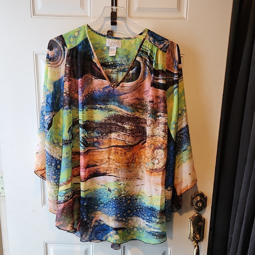 J Valdi Watercolor Print Sheer Kimono Tunic Beach Cover Up Size M